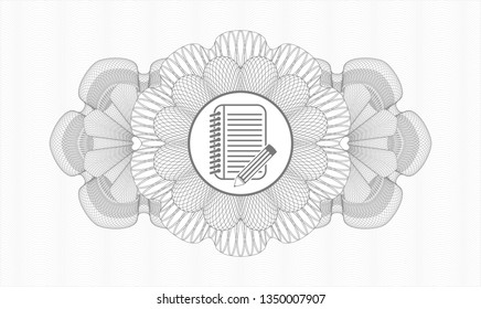 Grey abstract rosette with notebook with pencil icon inside