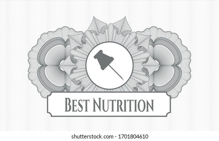 Grey abstract rosette with paper pin icon and Best Nutrition text inside