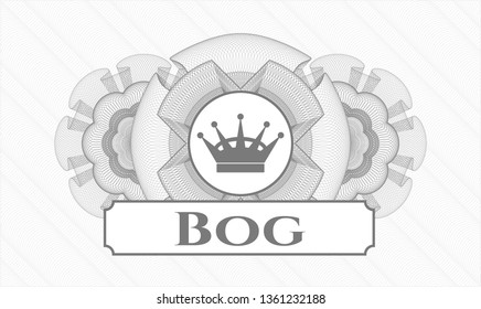 Grey abstract rosette with queen crown icon and Bog text inside