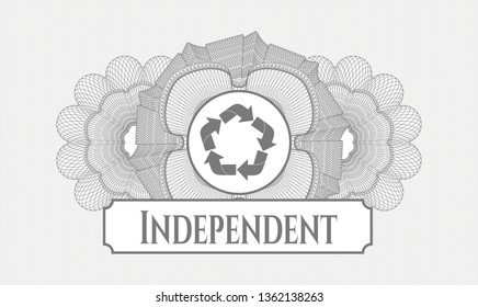 Grey abstract rosette with recycle icon and Independent text inside