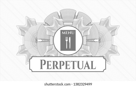 Grey abstract rosette with restaurant menu icon and Perpetual text inside