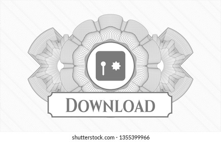 Grey abstract rosette with safe, safety deposit box icon and Download text inside