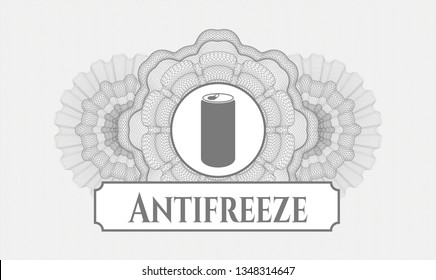 Grey abstract rosette with soda can icon and Antifreeze text inside
