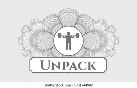 Grey abstract rosette with squat icon and Unpack text inside