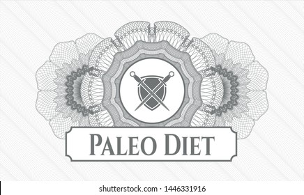 Grey abstract rosette with swords crossed with shield icon and Paleo Diet text inside