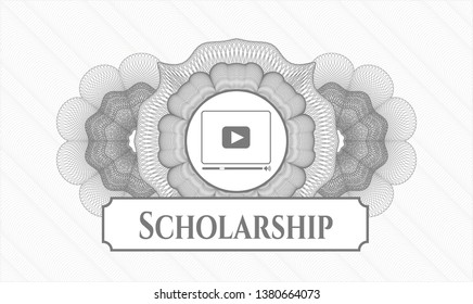 Grey abstract rosette with video player icon and Scholarship text inside