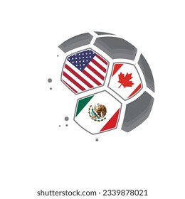 Grey abstract soccer ball with national flags of USA, Canada and Mexico isolated on white background