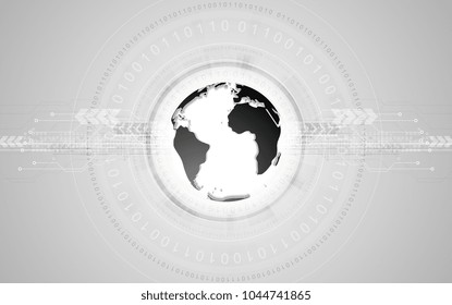 Grey abstract technology background with globe, arrows and circuit board lines. Vector modern design