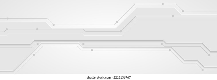 Grey abstract technology geometric background. Circuit board lines vector banner design