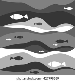 Grey abstract waves with fishes pattern. Vector sea illustration background.