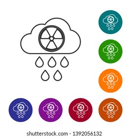 Grey Acid rain and radioactive cloud line icon isolated on white background. Effects of toxic air pollution on the environment. Set icon in color circle buttons. Vector Illustration