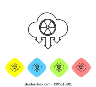 Grey Acid rain and radioactive cloud line icon isolated on white background. Effects of toxic air pollution on the environment. Set icon in color rhombus buttons. Vector Illustration