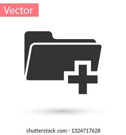 Grey Add new folder icon isolated on white background. New folder file sign. Copy document icon. Add attach create folder make new plus icon. Vector Illustration