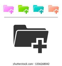 Grey Add new folder icon isolated on white background. New folder file sign. Copy document icon. Add attach create folder make new plus icon. Set icon in color buttons. Vector Illustration