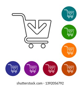 Grey Add to Shopping cart line icon isolated on white background. Online buying concept. Delivery service sign. Supermarket basket symbol. Set icon in color circle buttons. Vector Illustration