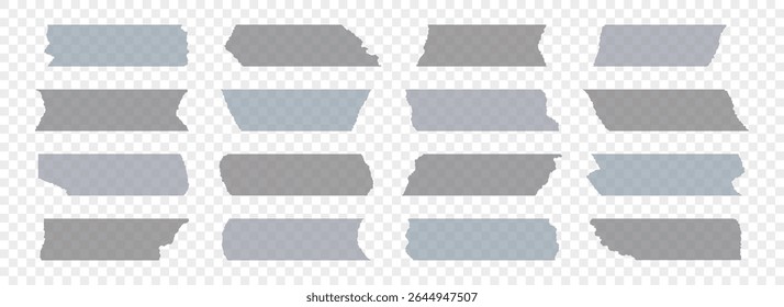 Coleção de fitas adesivas cinza. Peças de fita de duto rasgado conjunto. tira. Listras de plástico com bordas irregulares rasgadas. Papel de mascaramento pegajoso para embrulho de pacote, etiqueta em branco, etiqueta, adesivo, decoração. Vetor