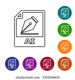 Grey AI file document icon. Download ai button line icon isolated on white background. AI file symbol. Set icon in color circle buttons. Vector Illustration