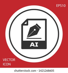 Grey AI file document icon. Download ai button icon isolated on red background. AI file symbol. White circle button. Vector Illustration