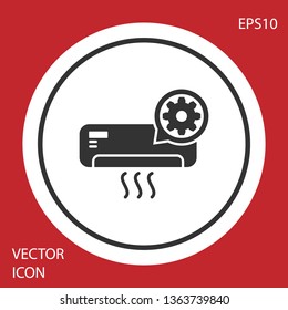 Grey Air conditioner and gear icon isolated on red background. Adjusting app, service concept, setting options, maintenance, repair, fixing. White circle button. Vector Illustration