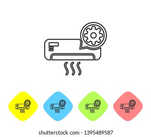 Grey Air conditioner and gear line icon on white background. Adjusting app, service concept, setting options, maintenance, repair, fixing. Set icon in color rhombus buttons. Vector Illustration