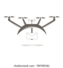 Grey air drone with red outlines envelope flat design icon stock vector illustration, sign of mail