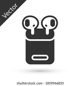 Grey Air headphones in box icon isolated on white background. Holder wireless in case earphones garniture electronic gadget. Vector.