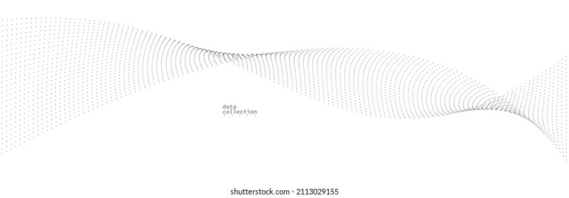 Grey airy particles flow vector design, abstract background with wave of flowing dots array, digital futuristic illustration, nano technology theme.