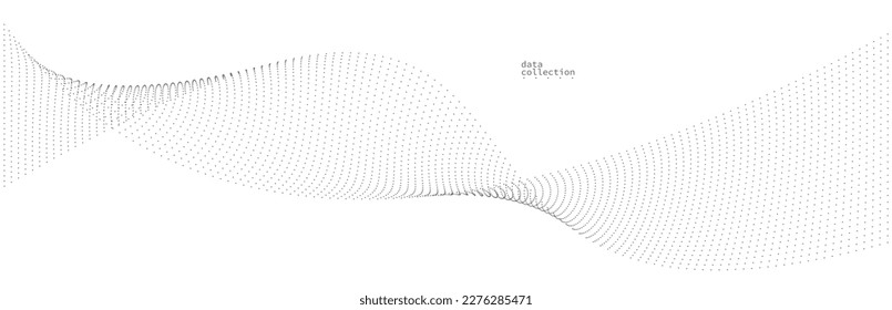 Grey airy particles flow vector design, abstract background with wave of flowing dots array, digital futuristic illustration, nano technology theme.