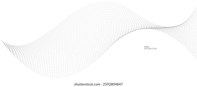Grey airy particles flow vector design, abstract background with wave of flowing dots array, digital futuristic illustration, nano technology theme.