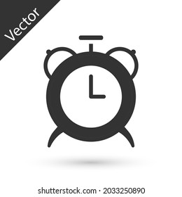 Graue Wecker-Symbol einzeln auf weißem Hintergrund. Aufwachen, aufstehen. Zeitschild.  Vektorgrafik