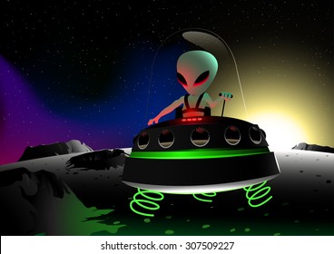 Grey alien flying on moon surface in a UFO.