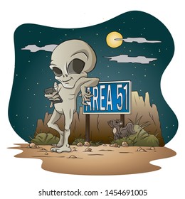 Grey Alien leaning on Area 51 sign