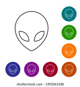 Grey Alien line icon isolated on white background. Extraterrestrial alien face or head symbol. Set icon in color circle buttons. Vector Illustration