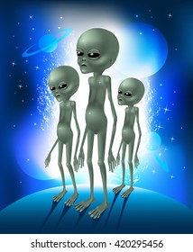 Grey aliens. Three greens aliens on the background space glowing sky. Vector illustration.