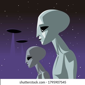 grey aliens and ufo in the sky