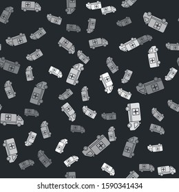 Grey Ambulance and emergency car icon isolated seamless pattern on black background. Ambulance vehicle medical evacuation.  Vector Illustration