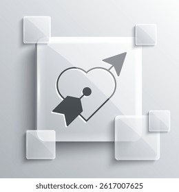 Grey Amour symbol with heart and arrow icon isolated on grey background. Love sign. Happy Valentines day. Square glass panels. Vector