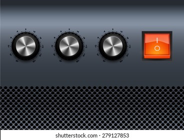 grey amp panel with metal knobs and red switch