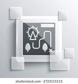 Icono gris del mapa del parque de atracciones aislado en fondo gris. Entretenimiento en vacaciones. Paneles de vidrio cuadrados. Vector