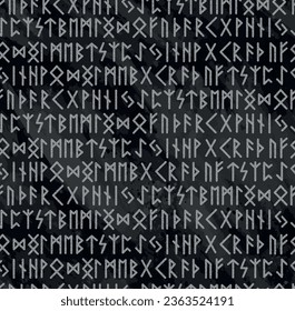 Grey ancient viking runes alphabet pattern over a dark water color effect at background