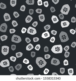 Grey Animal health insurance icon isolated seamless pattern on black background. Pet protection icon. Dog or cat paw print.  Vector Illustration