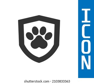 Grey Animal health insurance icon isolated on white background. Pet protection concept. Dog or cat paw print.  Vector