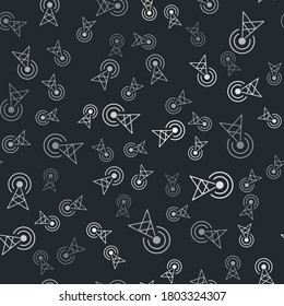 Grey Antenna icon isolated seamless pattern on black background. Radio antenna wireless. Technology and network signal radio antenna. Vector.