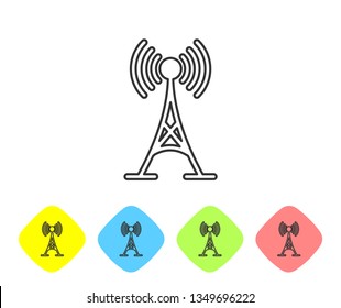 Grey Antenna line icon isolated on white background. Radio antenna wireless. Technology and network signal radio antenna. Set icon in color rhombus buttons. Vector Illustration