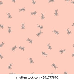 Grey ants on a pink background. Hand drawn vector seamless pattern.
