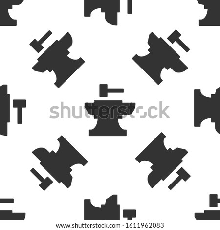 Grey Anvil for blacksmithing and hammer icon isolated seamless pattern on white background. Metal forging. Forge tool.  Vector Illustration