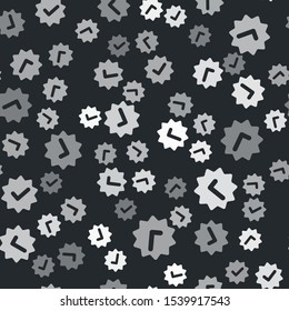 Grey Approved or certified medal with ribbons and check mark icon isolated seamless pattern on black background.  Vector Illustration