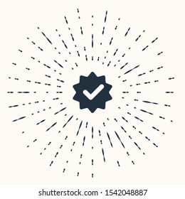 Grey Approved or certified medal with ribbons and check mark icon isolated on beige background. Abstract circle random dots. Vector Illustration