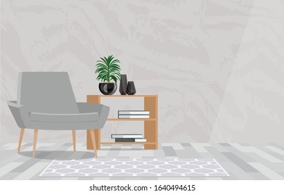 Grey armchair next to wooden table with plant in flat interior with copy space on the wall.