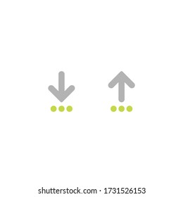 grey arrow up and arrow down with dots. flat icon isolated on white. point down button. south sign. Upload icons set. Upgrade. download, share